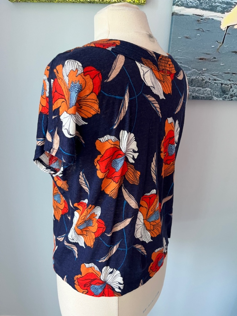 Tahari Navy Floral Button Front Blouse with Orange & White Blooms - Picture 2 of 5